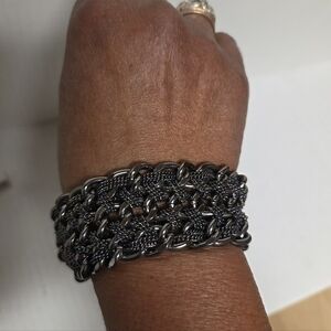 Gun Metal Chainmaille Cuff Bracelet with Multi-colored Woven Chain